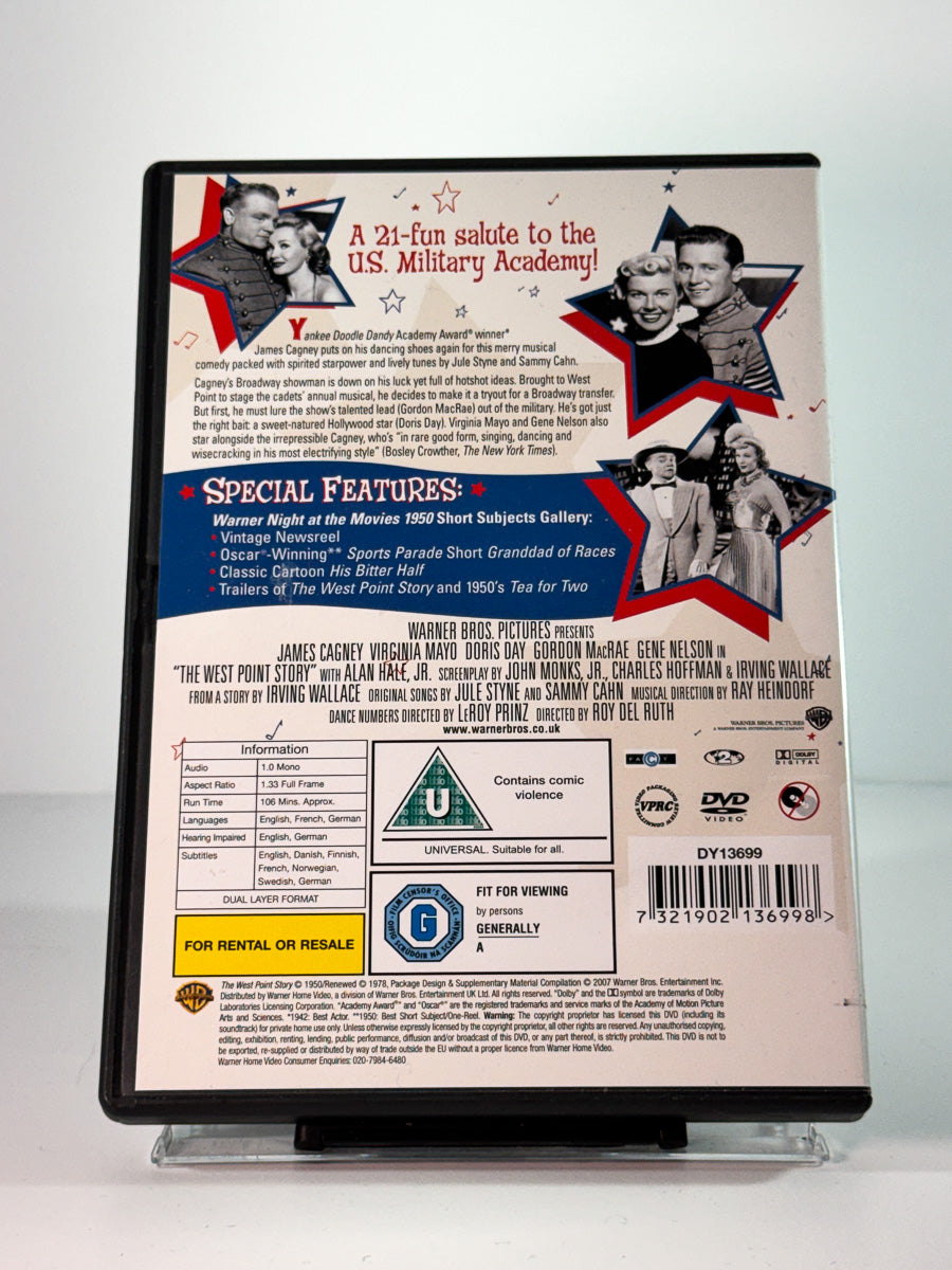 Bakside av cover til the west point story, brukt original DVD hos Brukbar Film 