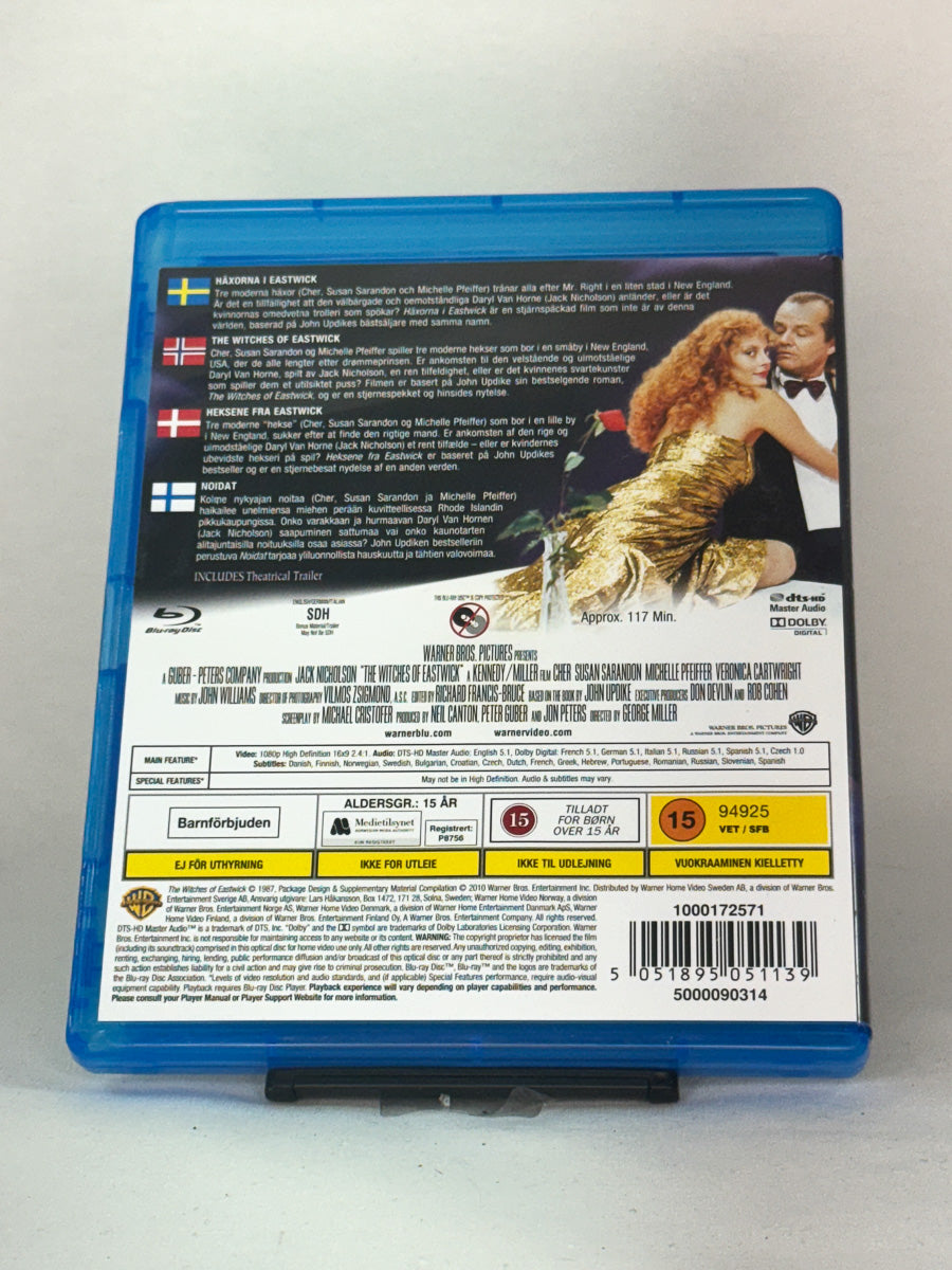 Bakside av Blu-ray-cover til The Witches of Eastwick – magisk satire om kvinnelig hevn og forførelse i småbyidyll, bruktfilm på Blu-ray hos Brukbar Film.