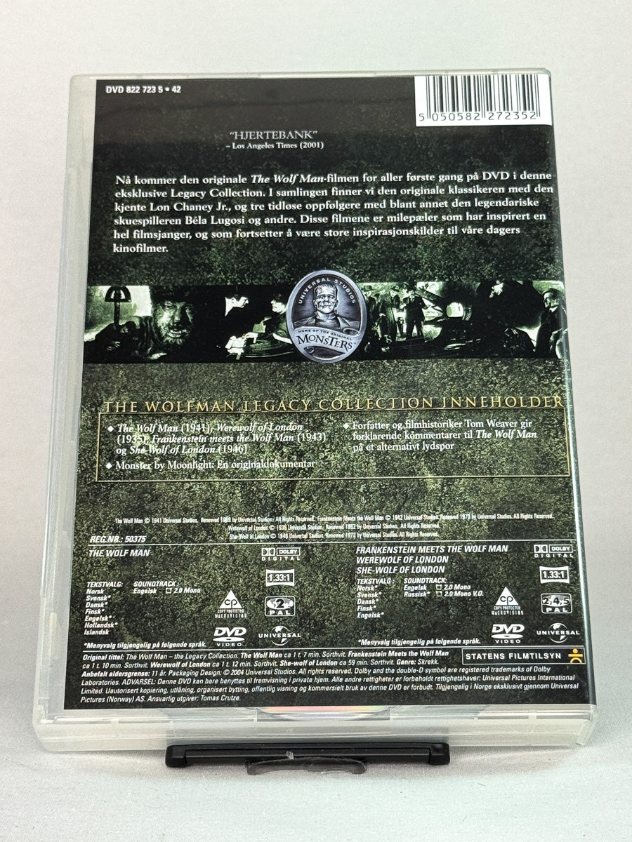 Bakside av DVD-cover til The Wolf Man – del av The Legacy Collection, ikonisk monsterfilm fra 1941, original brukt DVD-utgave tilgjengelig hos Brukbar Film.