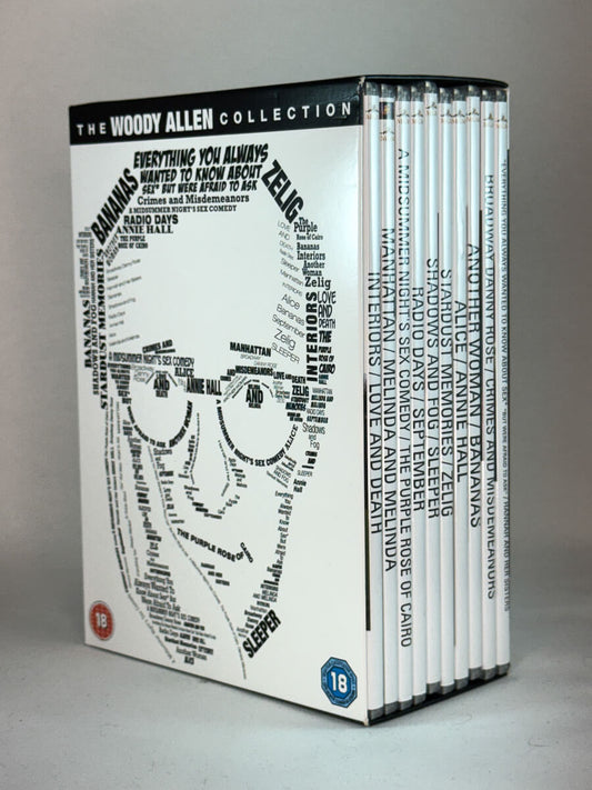 Forside av DVD-samleboksen The Woody Allen Collection – komplett filmsamling med 20 klassikere av Woody Allen, inkludert Annie Hall, Manhattan og Crimes and Misdemeanors, tilgjengelig som brukt DVD hos Brukbar Film.