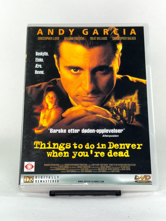Forside av DVD-cover for Things to Do in Denver When You’re Dead, krimdrama med Andy Garcia; brukt DVD-cover hos Brukbar Film.