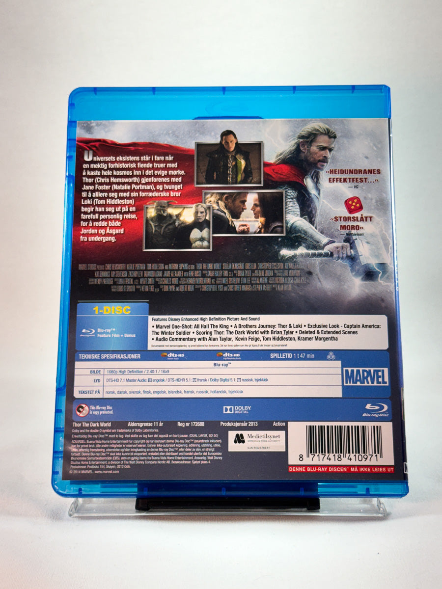 Bakside av Blu-ray-cover til Thor: The Dark World, brukt original Blu-ray hos Brukbar Film