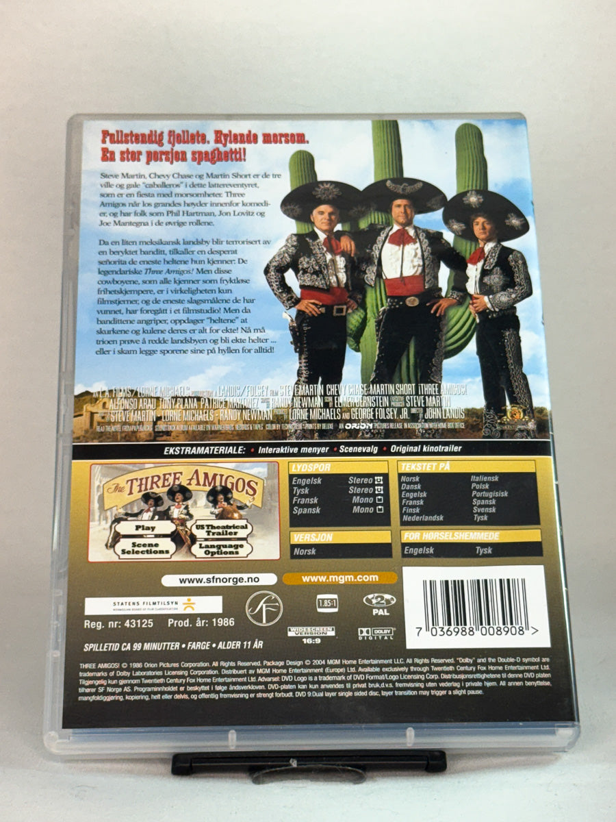 Bakside av DVD-cover til Three Amigos!, bruktfilm på DVD hos Brukbar Film