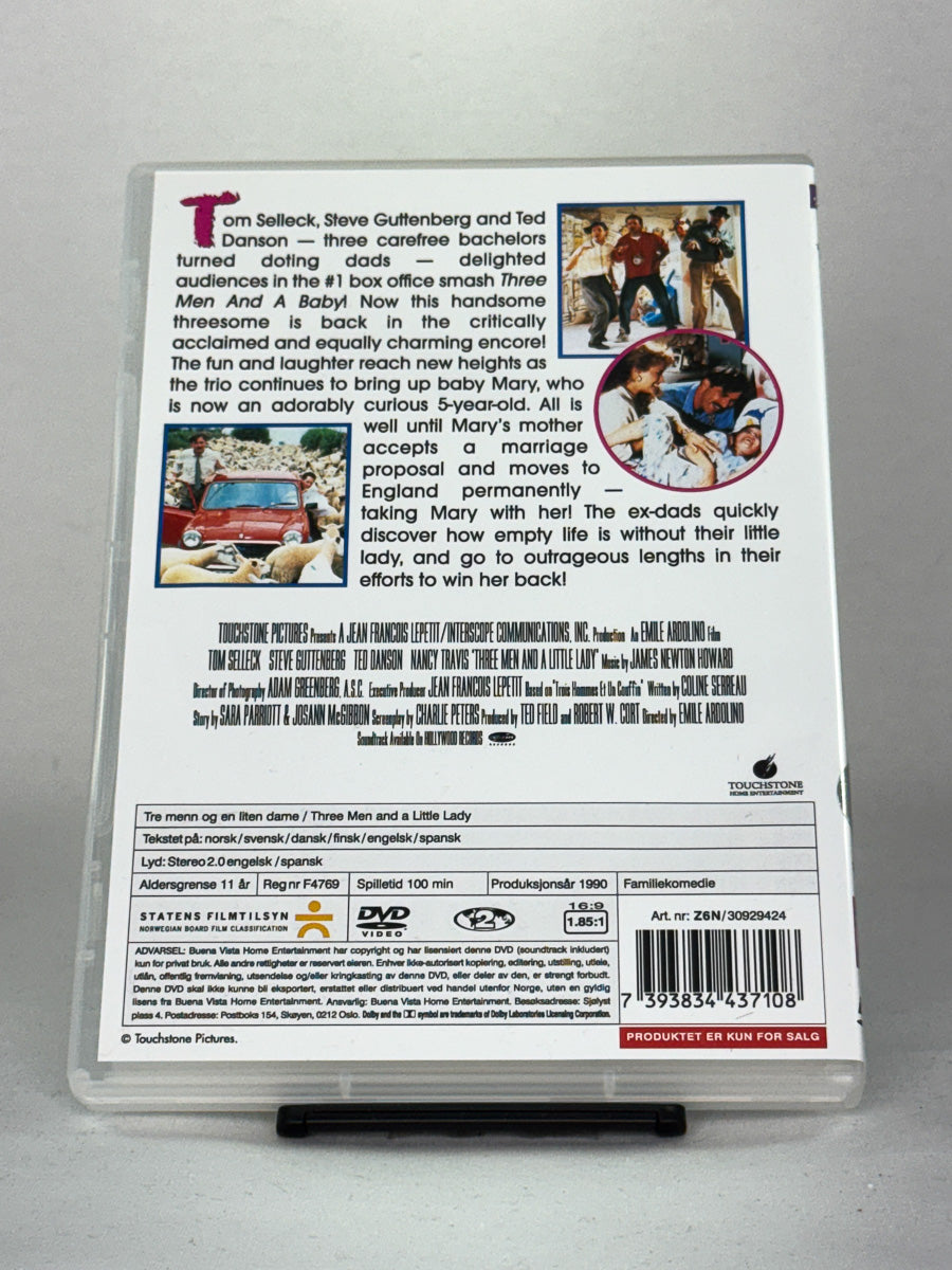 Bakside av DVD-cover til Three Men and a Little Lady – brukt DVD-film for barn og familie, tilgjengelig hos Brukbar Film