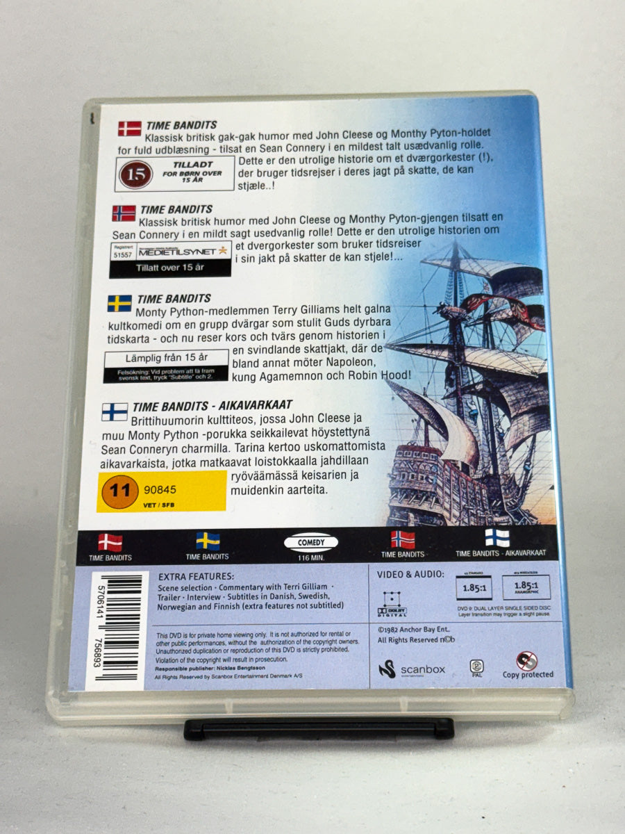 Bakside av DVD-cover til Time Bandits – brukt DVD-film, klassisk fantasykomedie tilgjengelig hos Brukbar Film