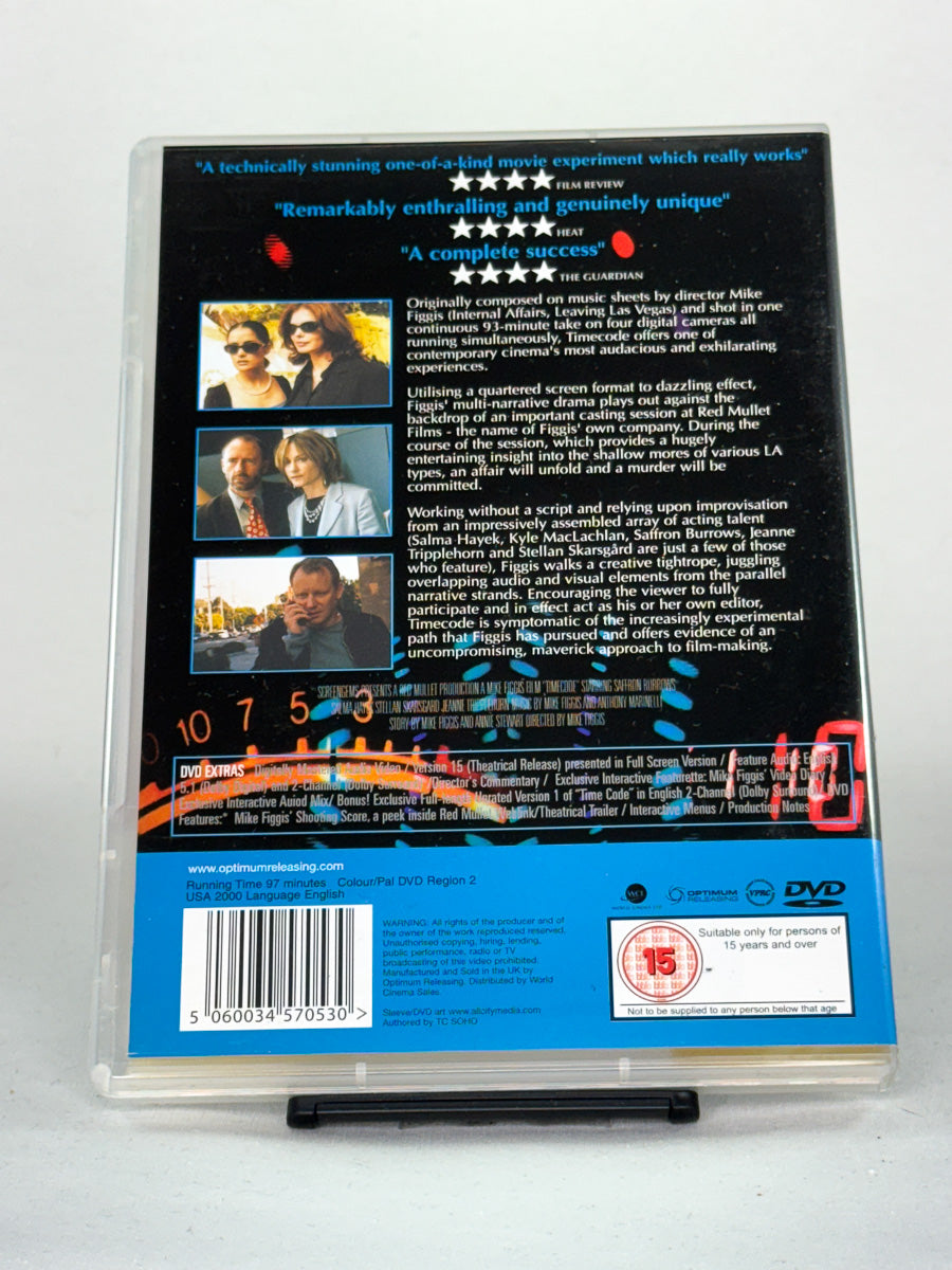 Bakside av DVD-cover til Timecode, detaljert info om film og utgivelse – brukt filmcover hos Brukbar Film