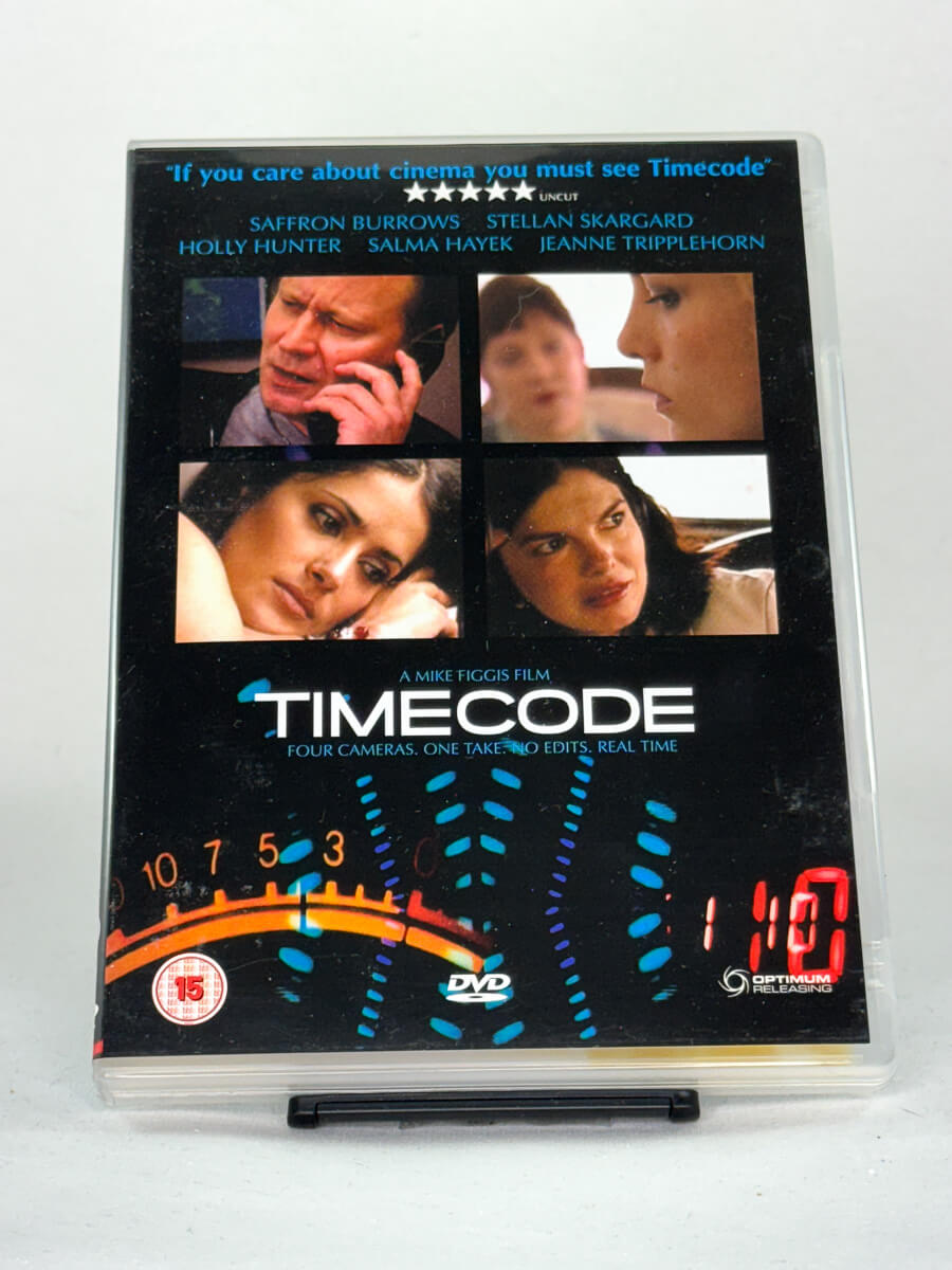 Forside av DVD-cover til Timecode, original bruktfilm på DVD hos Brukbar Film