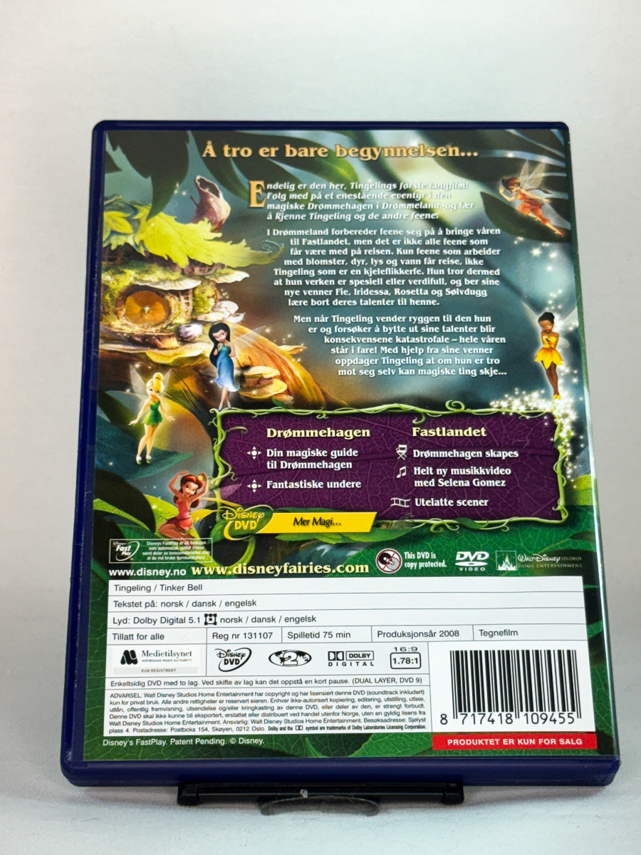 Bakside av DVD-cover til Tingeling (Tinker Bell) – animert familiefilm som utforsker feenes hemmelige rike, brukt originalfilm hos Brukbar Film.