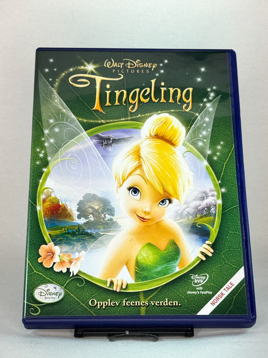 Forside av DVD-cover til Tingeling (Tinker Bell) – Disneys magiske eventyrfilm om feenes verden, med norsk tale, brukt DVD hos Brukbar Film.