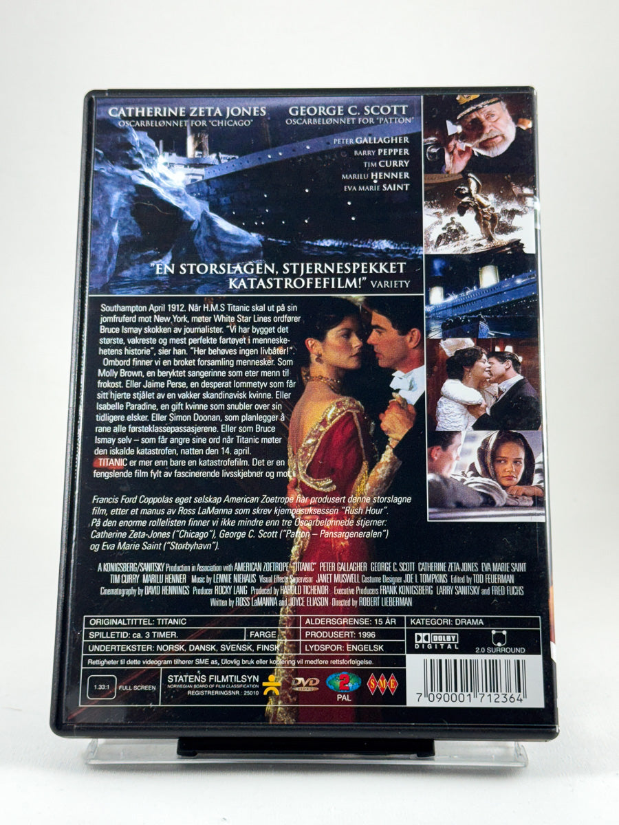 Bakside av DVD-cover til Titanic med sammendrag, rolleliste og teknisk informasjon; brukt dramautgivelse på DVD hos Brukbar Film
