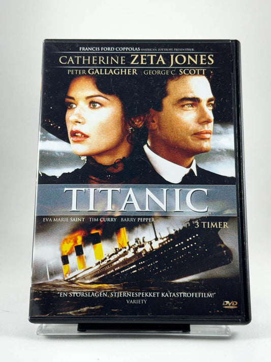 Forside av DVD-cover til Titanic (1996-versjonen med Catherine Zeta-Jones og Peter Gallagher); brukt katastrofefilm/TV-drama på DVD hos Brukbar Film