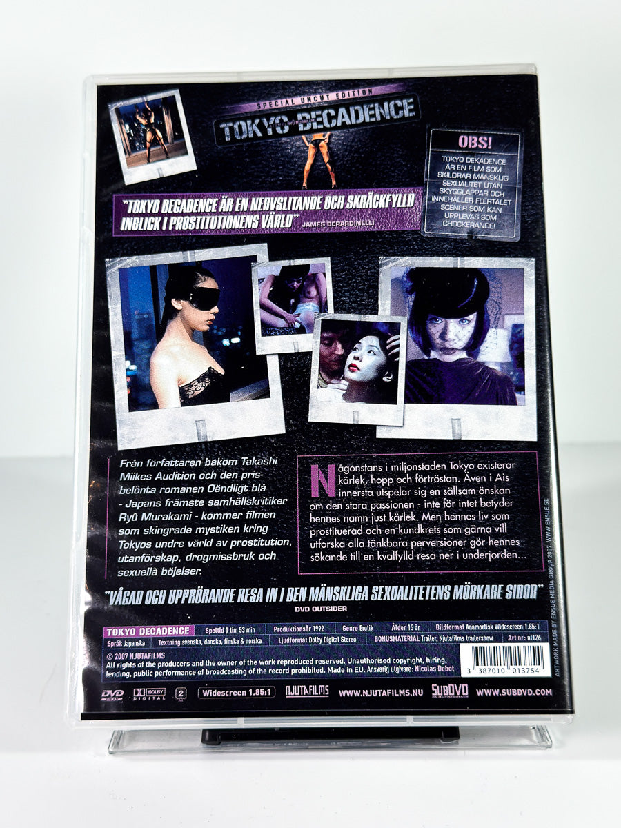 Bakside av cover til Tokyo Decadence, bruktfilm på DVD hos Brukbar Film