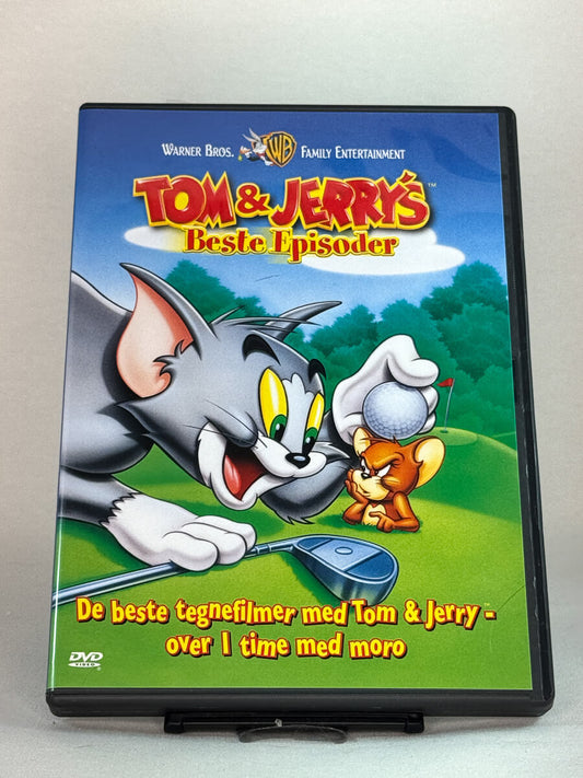 Forside av DVD-cover til Tom & Jerry’s beste episoder – en time med klassiske tegnefilmdueller mellom katt og mus, brukt DVD hos Brukbar Film.
