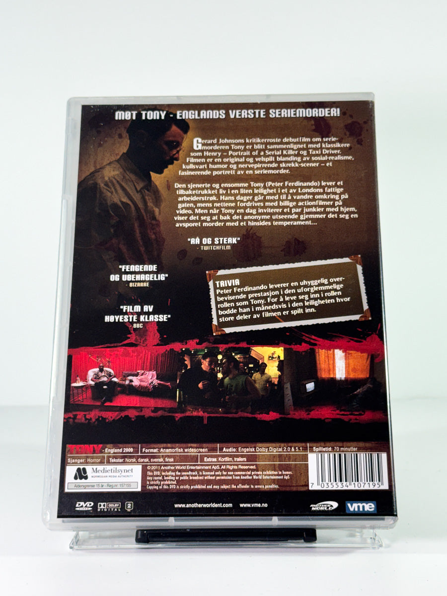 Bakside av cover til Tony – En seriemorder i London, bruktfilm på DVD hos Brukbar Film