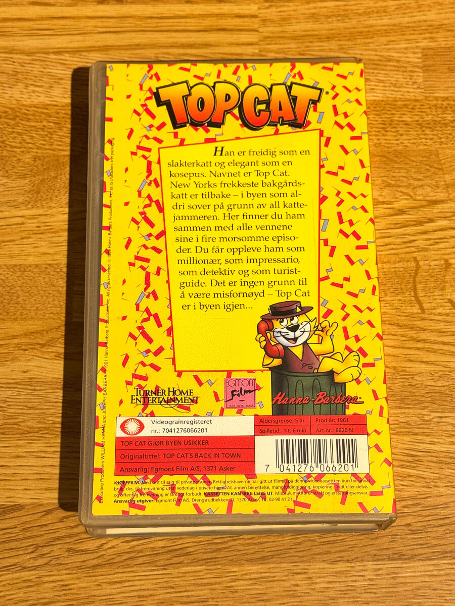 Bakside av cover til Top Cat gjør byen usikker på VHS