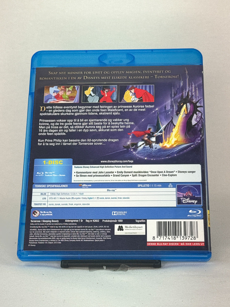 Bakside av Blu-ray-cover for Tornerose – brukt original Disney-klassiker på Blu-ray, tilgjengelig hos Brukbar Film