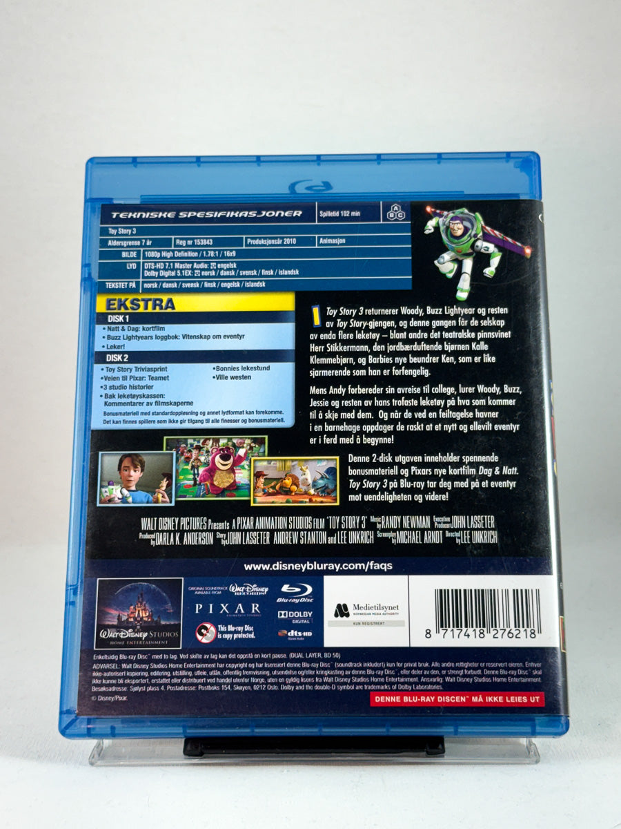 Bakside av Blu-ray-cover til Toy Story 3 – rørende og eventyrlig fortsettelse med Woody og Buzz, Blu-ray hos Brukbar Film.