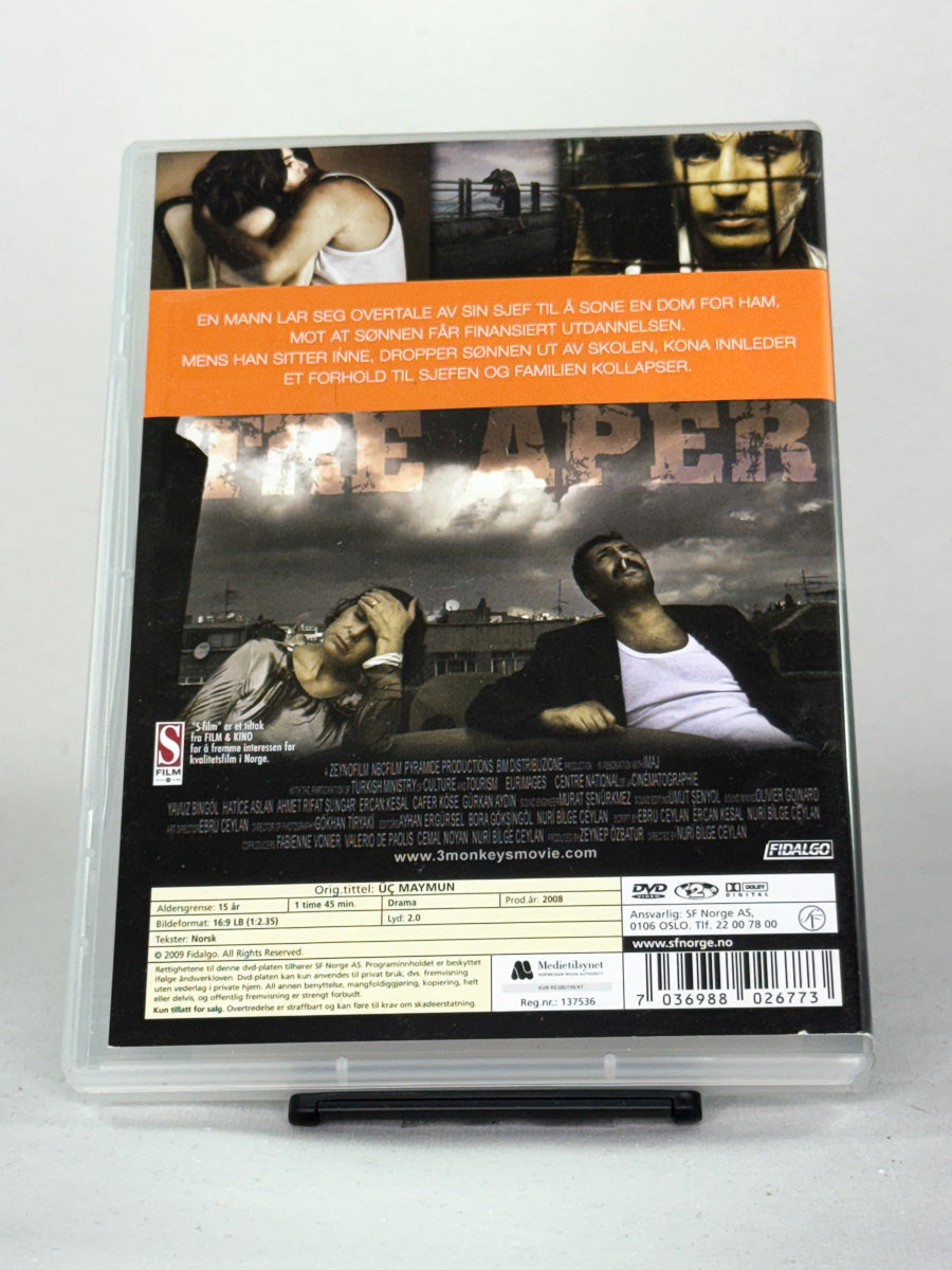 DVD-cover-bakside til filmen Tre aper, bruktfilm på DVD hos Brukbar Film