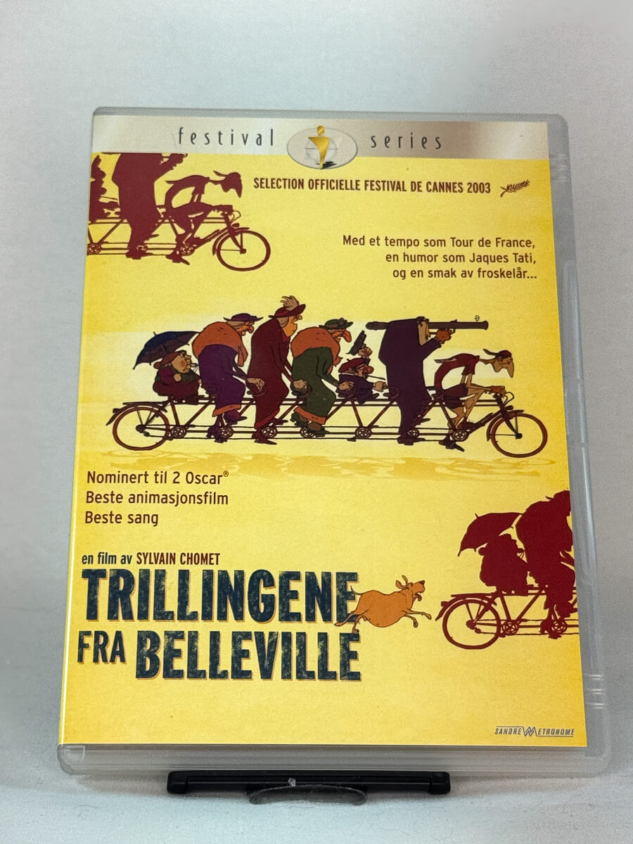 Forside av DVD-cover til Trillingene fra Belleville – Oscar-nominert animasjonsfilm av Sylvain Chomet med unik stil og fransk humor, brukt film på DVD hos Brukbar Film.