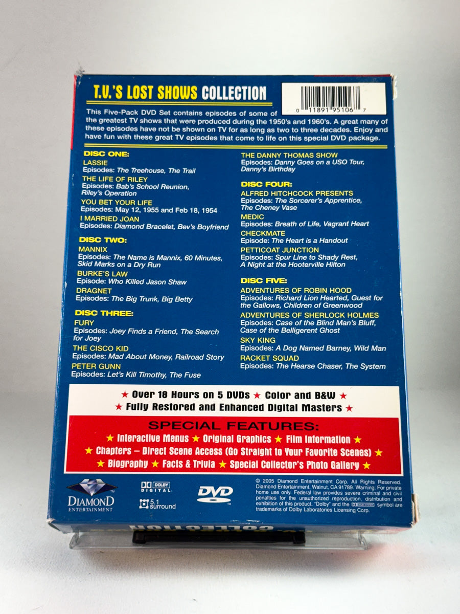 DVD-cover-bakside til TV’s Lost Shows Collection – oversikt over episoder og serier hos Brukbar Film