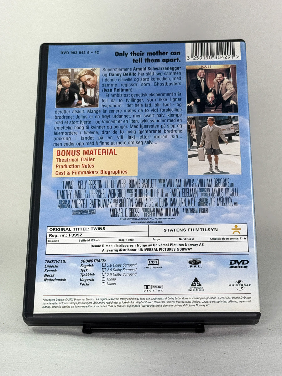 Tvillinger – bakside av DVD-cover, brukt komediefilm med omtale og spesifikasjoner på DVD