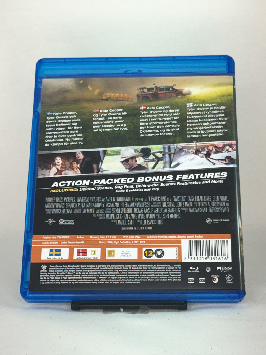 Bakside av Blu-ray-cover til Twisters – stormjegerdrama med spektakulære tornadoeffekter, brukt originalfilm hos Brukbar Film.