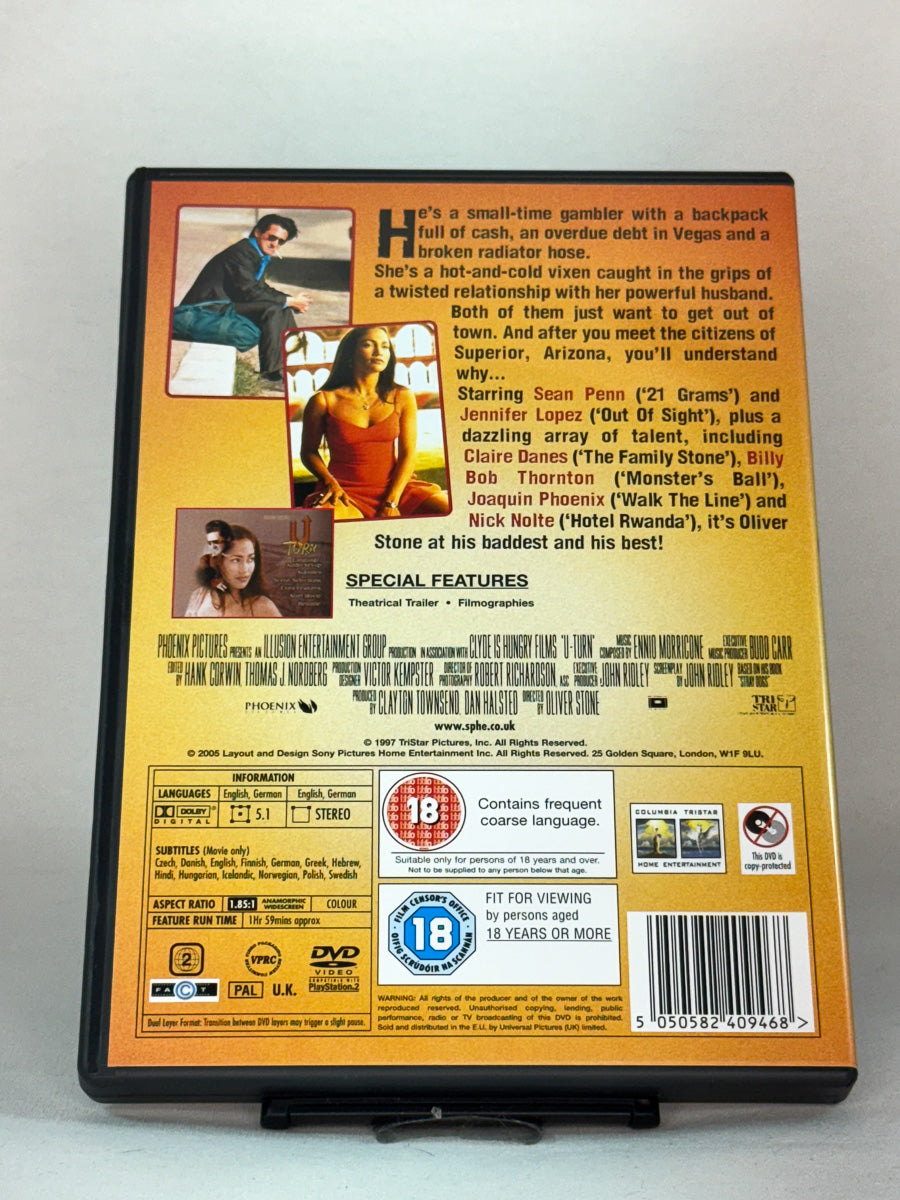 Bakside av DVD-cover til U-Turn, bruktfilm på DVD hos Brukbar Film