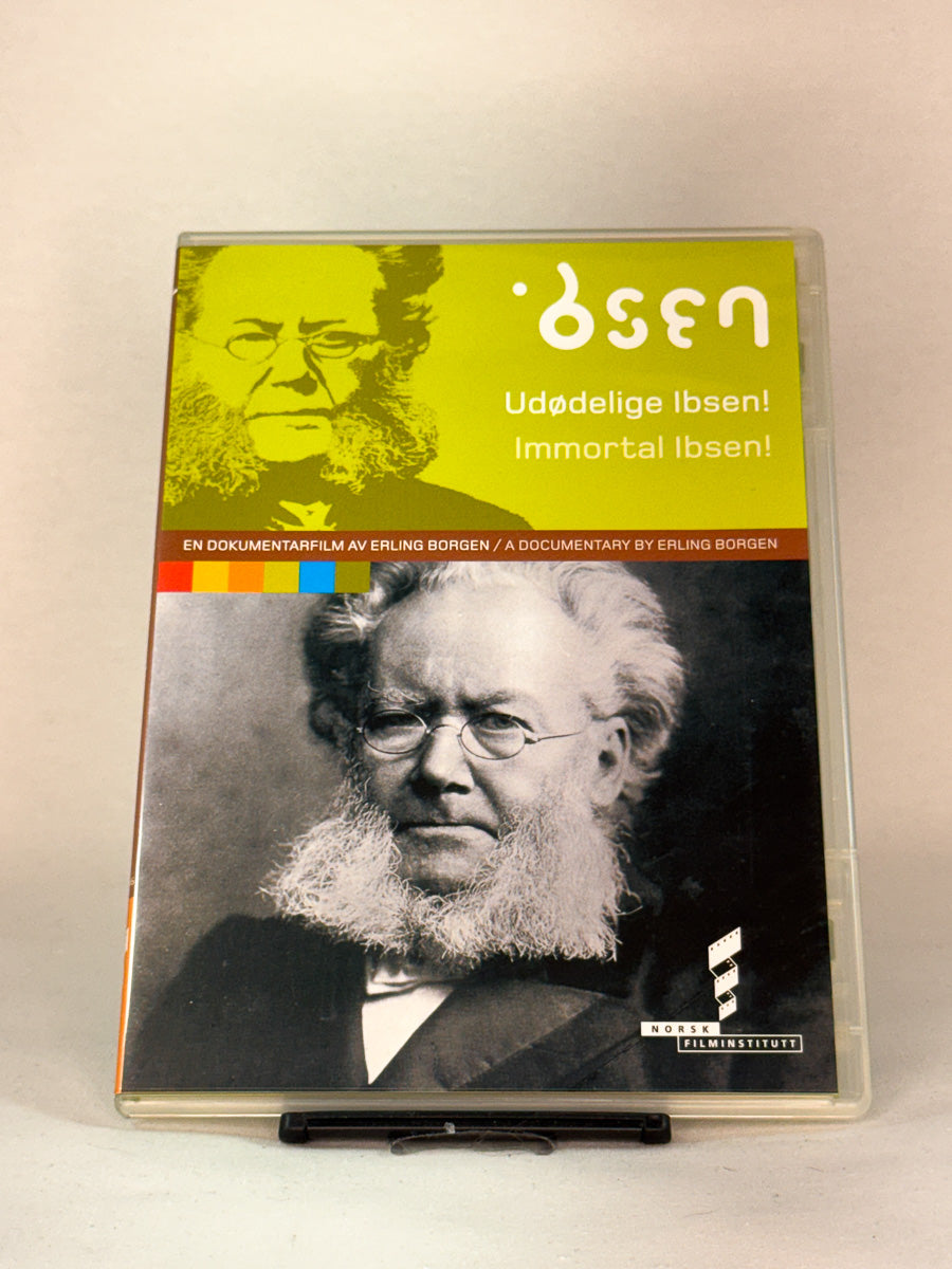 Forside av DVD-en Udødelige Ibsen! (1999) – dokumentarfilm av Erling Borgen, brukt DVD-film fra Brukbar Film.