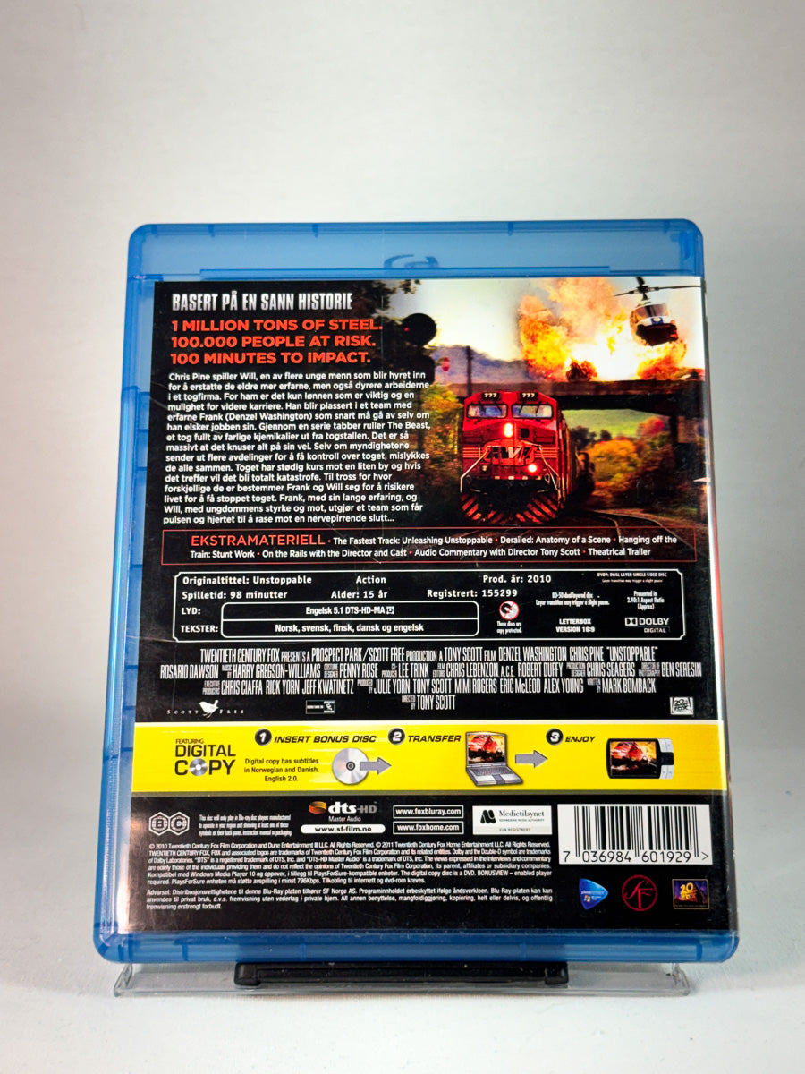 Bakside av cover til Unstoppable, bruktfilm hos nettbutikken Brukbar Film
