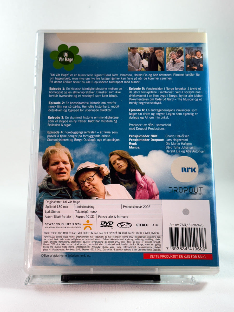 Bakside av DVD-cover til Uti vår hage, brukt komplett NRK-serie på DVD hos Brukbar Film
