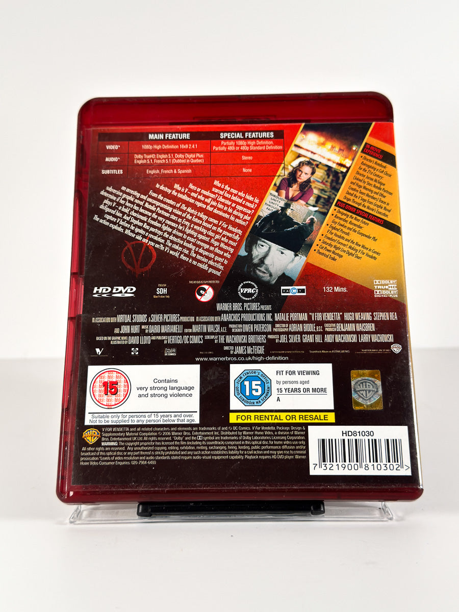 Bakside av cover til V for Vendetta på HD DVD