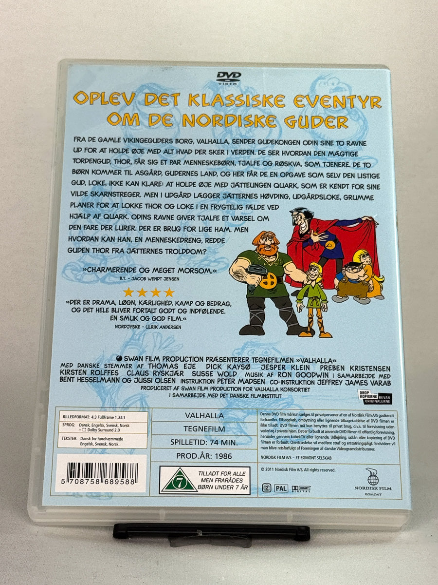 Bakside av DVD-cover til Valhalla, brukt animasjonsfilm på DVD, fantasyklassiker med norrøne guder hos Brukbar Film.