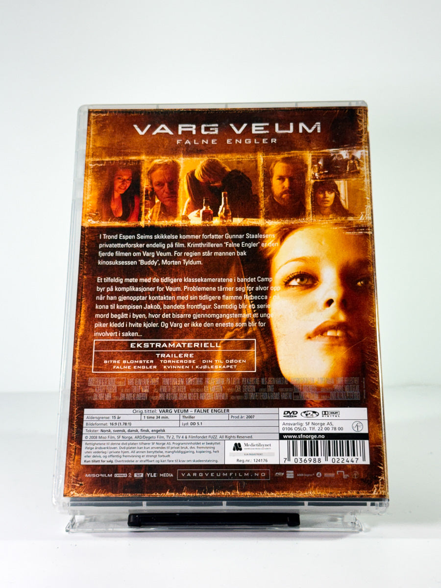 Bakside av cover til varg veum falne engler, brukt original DVD hos Brukbar Film