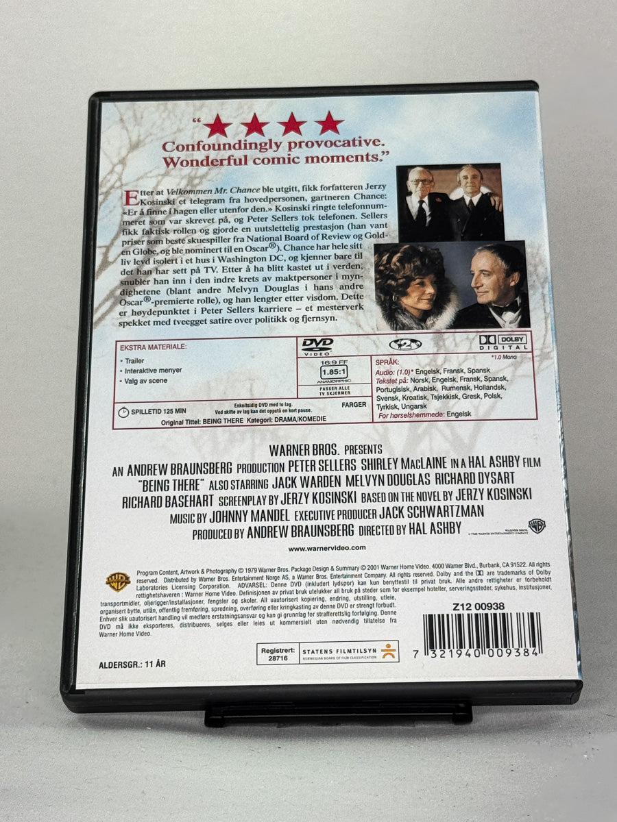 Bakside av Velkommen Mr. Chance (originaltittel: Being There) DVD-cover – brukt DVD av kritikerrost klassikerfilm hos Brukbar Film