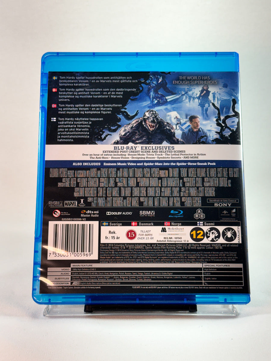 Bakside av Blu-ray-cover til Venom, bruktfilm på Blu-ray hos Brukbar Film
