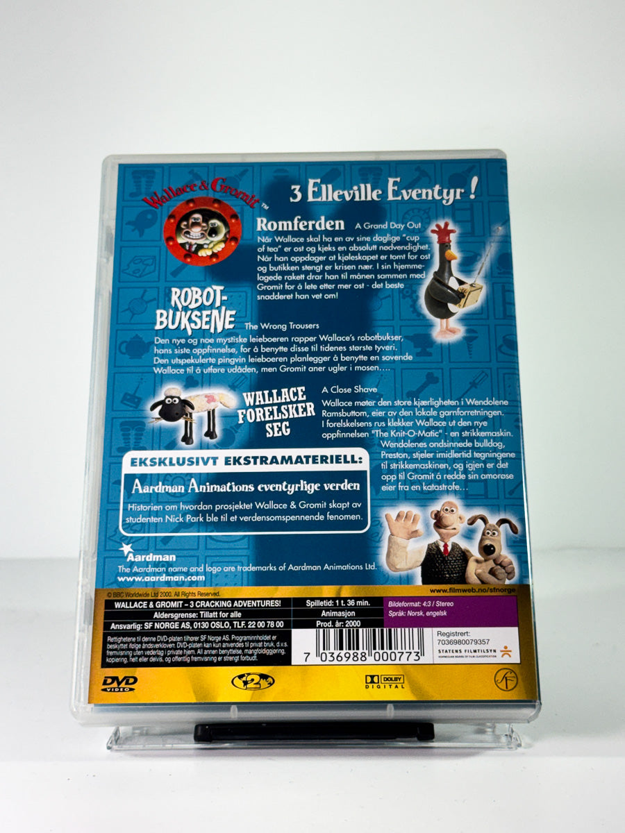 Bakside av cover til Wallace & Gromit, bruktfilm på DVD hos Brukbar Film