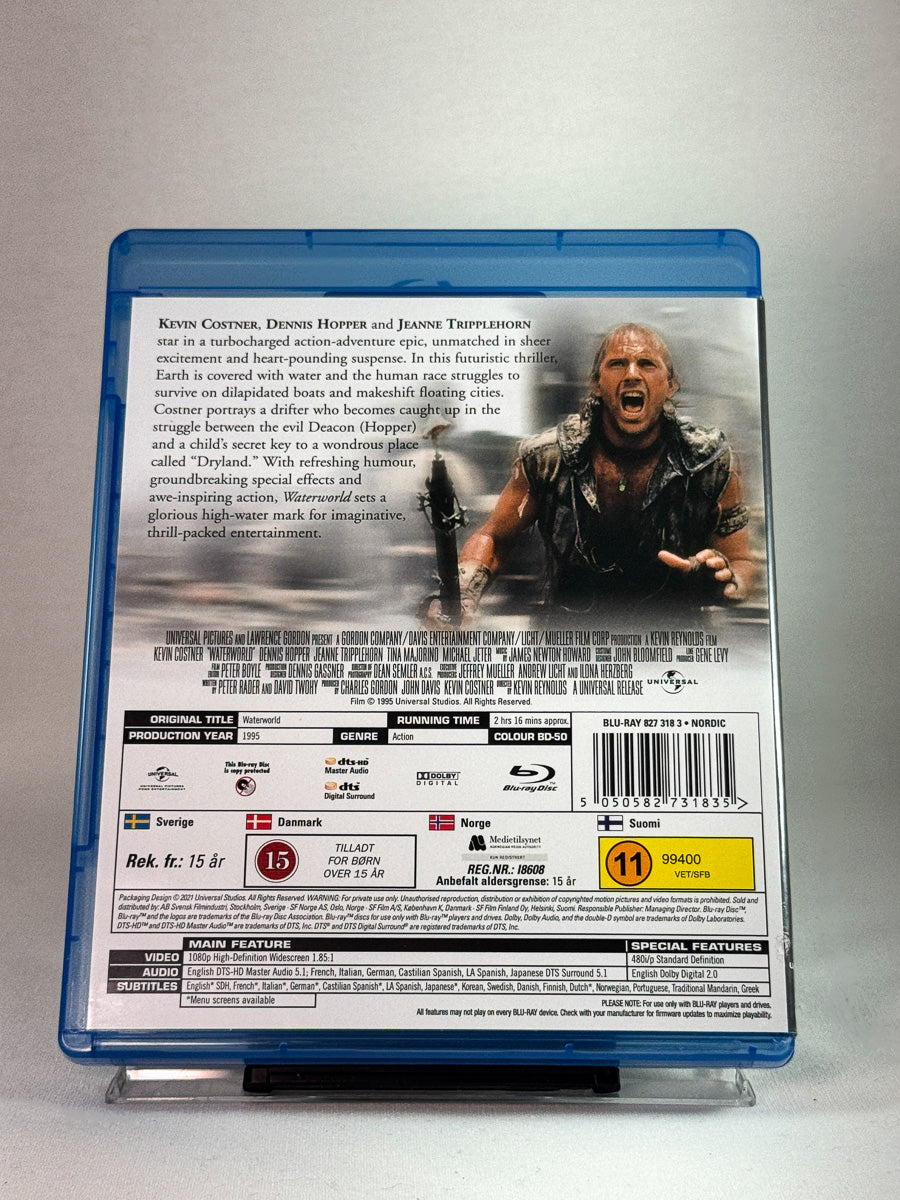 Waterworld – bakside av Blu-ray-cover med teknisk informasjon og filmdetaljer, brukt Blu-ray hos Brukbar Film