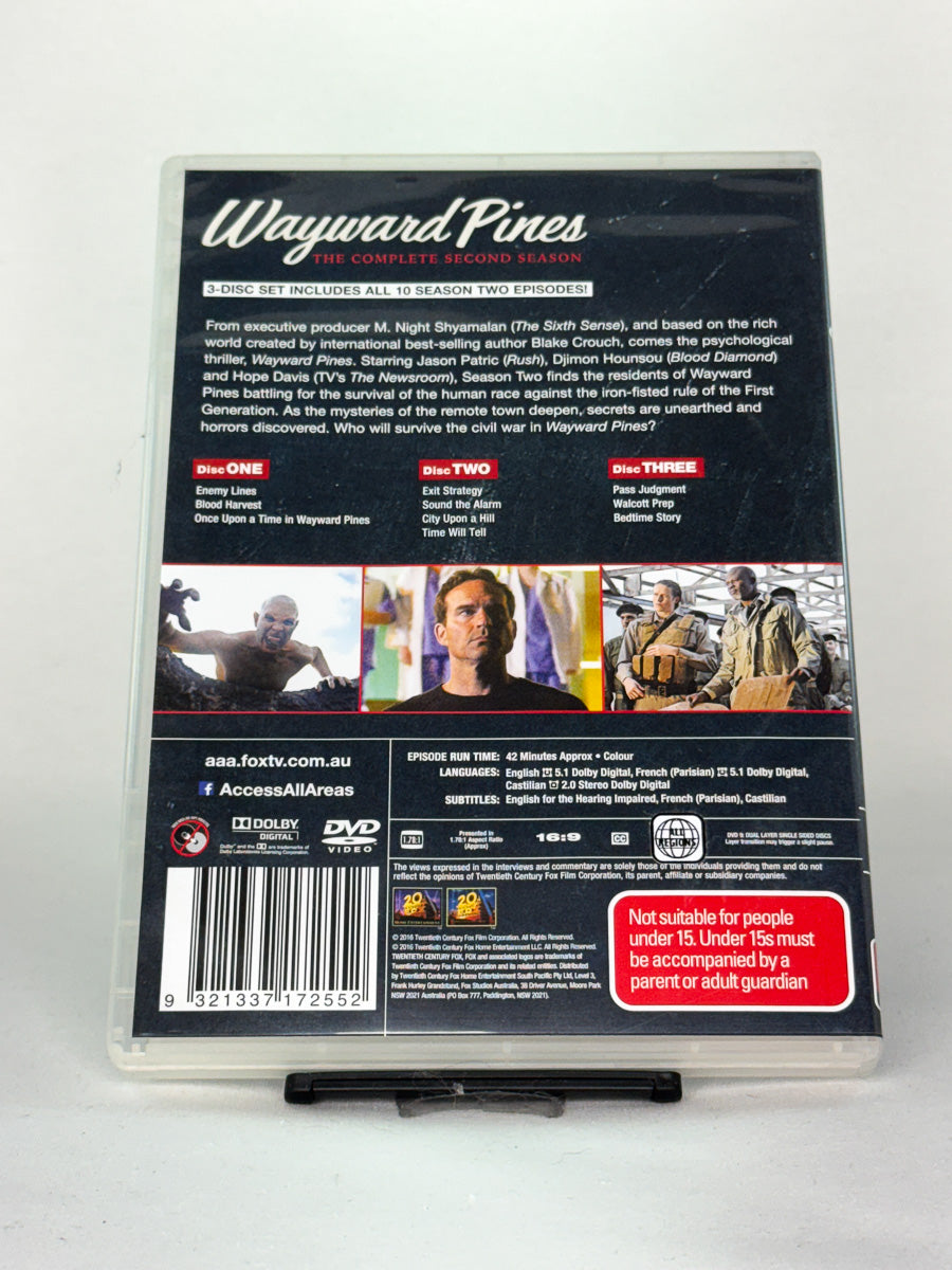 Bakside av DVD-cover til Wayward Pines – The Complete Second Season – psykologisk thrillerserie basert på Blake Crouchs romaner, brukt originalserie fra Brukbar Film