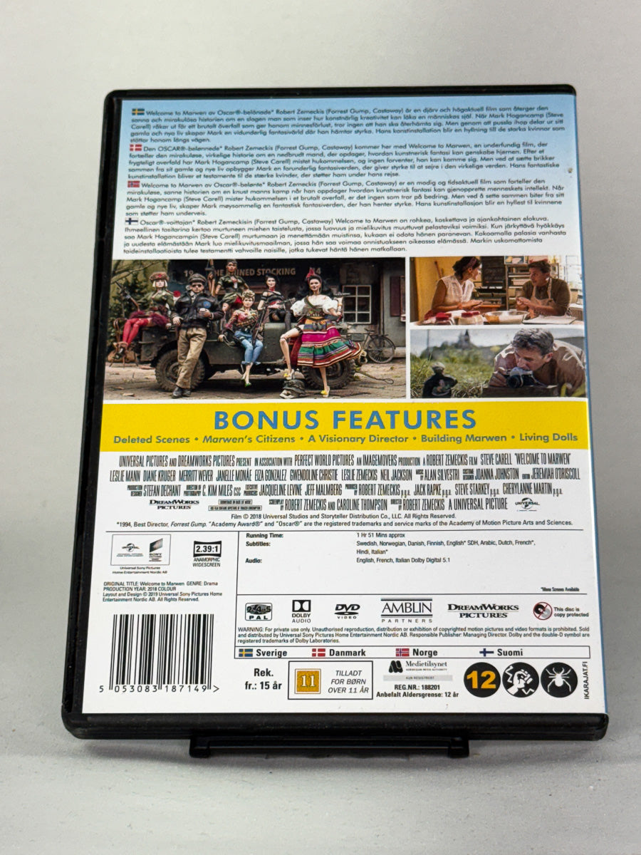 DVD-cover for filmen Welcome to Marwen, bakside bruktfilm på DVD hos Brukbar Film
