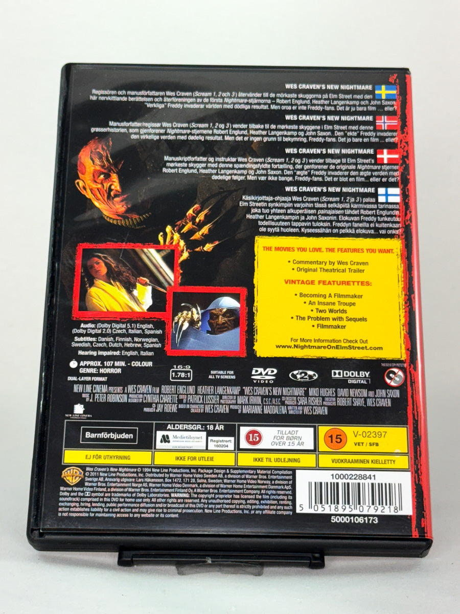 Bakside av DVD-cover til Wes Craven’s New Nightmare, bruktfilm hos nettbutikken Brukbar Film