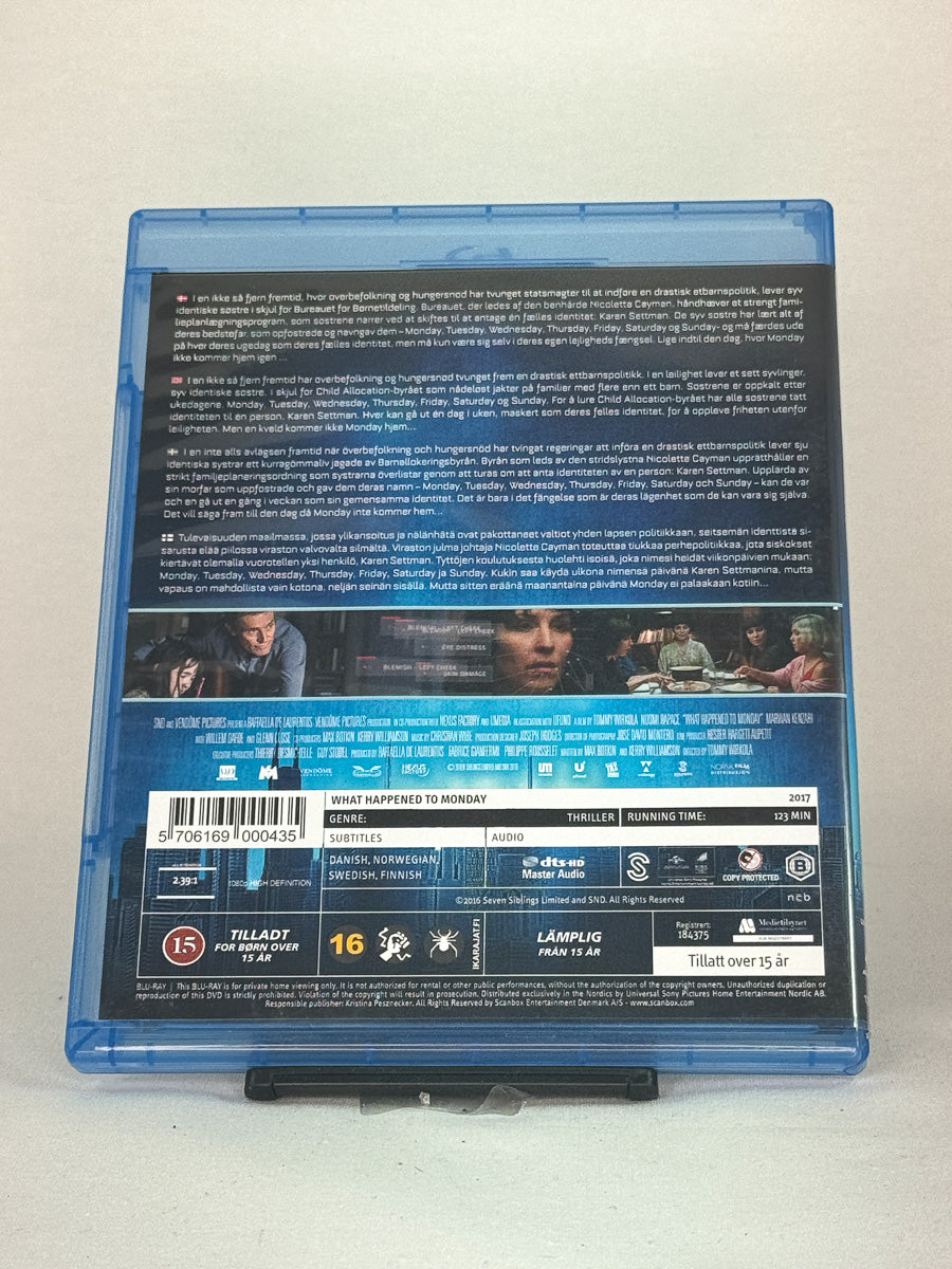 Bakside av Blu-ray-cover til What Happened to Monday – brukt science fiction-thriller i original Blu-ray-utgave hos Brukbar Film