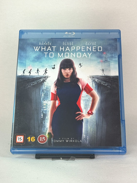 Brukt Blu-ray What Happened to Monday – forside av cover til sci-fi thriller med Noomi Rapace, tilgjengelig på DVD og Blu-ray fra Brukbar Film