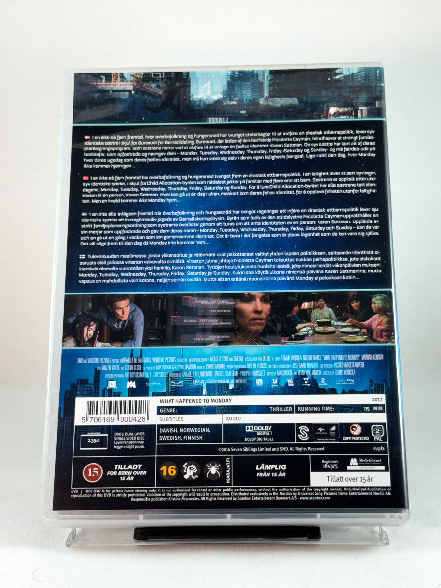Bakside av DVD-cover til What Happened to Monday – intens dystopisk actionfilm med Noomi Rapace i sju roller, brukt DVD-utgave hos Brukbar Film.