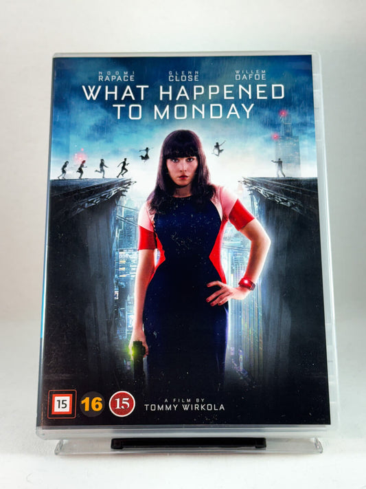 Forside av DVD-cover til What Happened to Monday med Noomi Rapace – futuristisk sci-fi-thriller regissert av Tommy Wirkola, brukt DVD hos Brukbar Film.