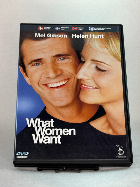 Forside av DVD-cover til What Women Want – romantisk komedie med Mel Gibson og Helen Hunt i hovedrollene, brukt film på DVD hos Brukbar Film.