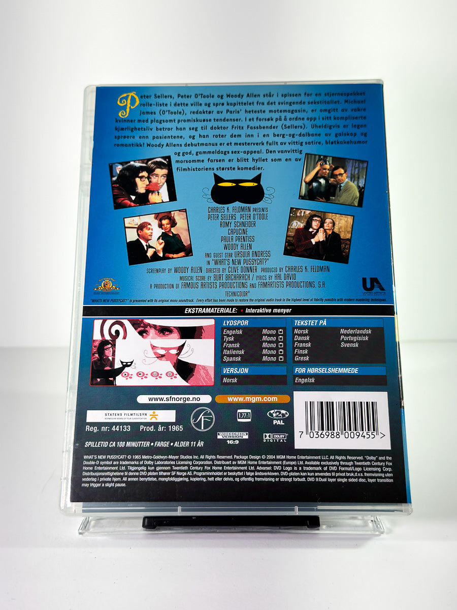 Bakside av cover til What’s New Pussycat?, brukt original DVD hos Brukbar Film