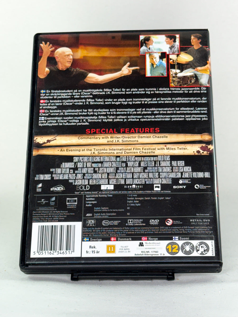 DVD-cover for filmen Whiplash, bakside brukt DVD hos Brukbar Film