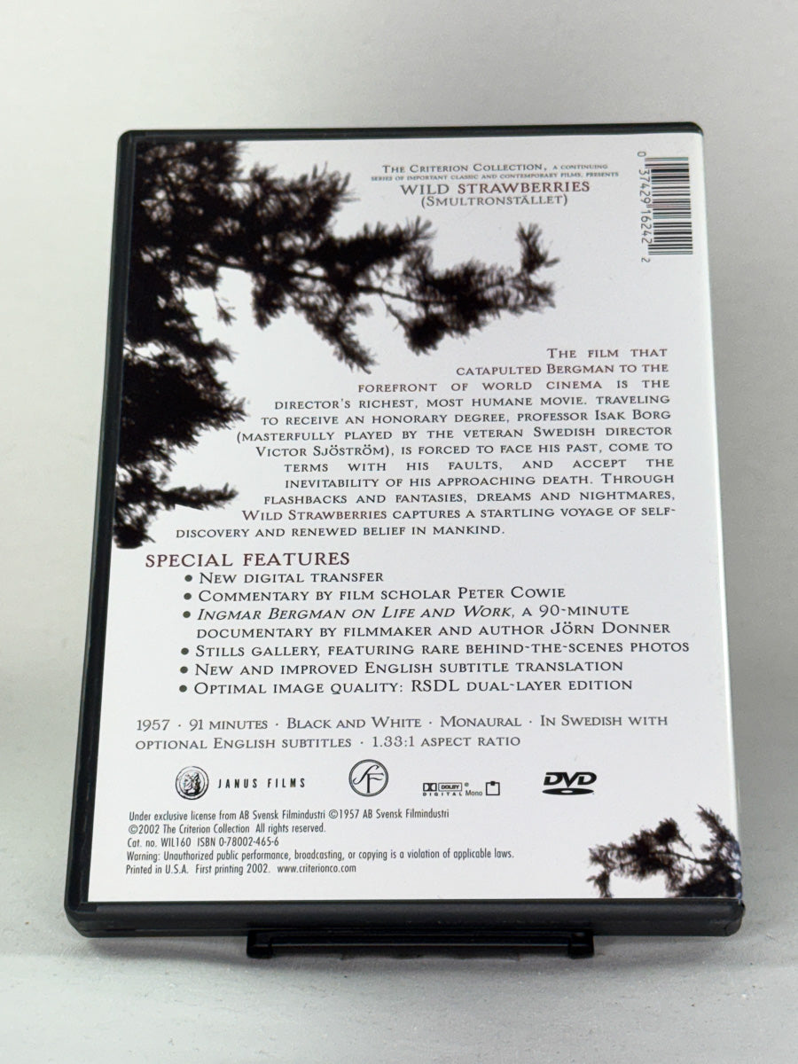 Wild Strawberries – bakside av brukt DVD-cover, klassisk Bergman-film med omtale og detaljer på DVD