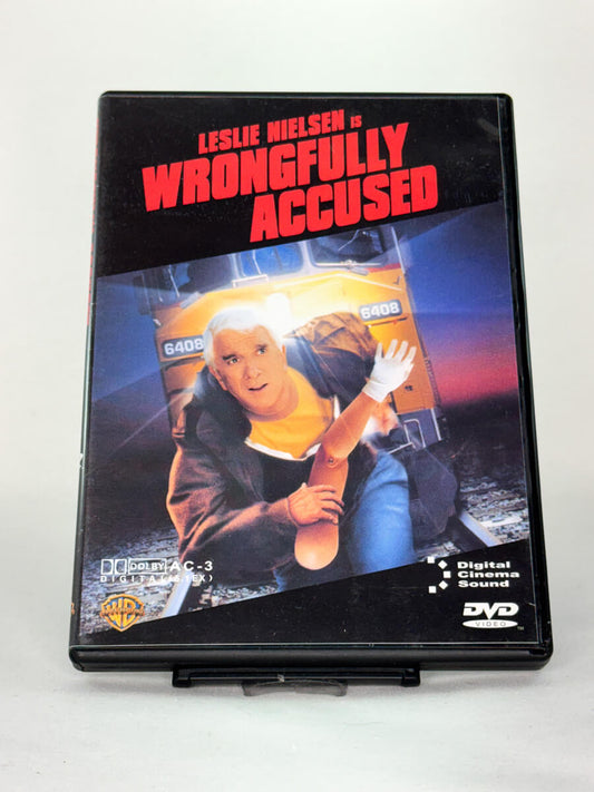 Forside av DVD-cover til Wrongfully Accused – brukt komediefilm på DVD med Leslie Nielsen, kjøp hos Brukbar Film
