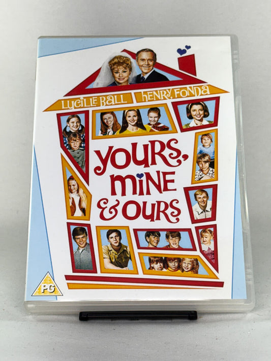 Forside av DVD-cover til Yours, Mine & Ours – familiekomedie med Lucille Ball og Henry Fonda om to store familier som blir én, brukt DVD hos Brukbar Film.